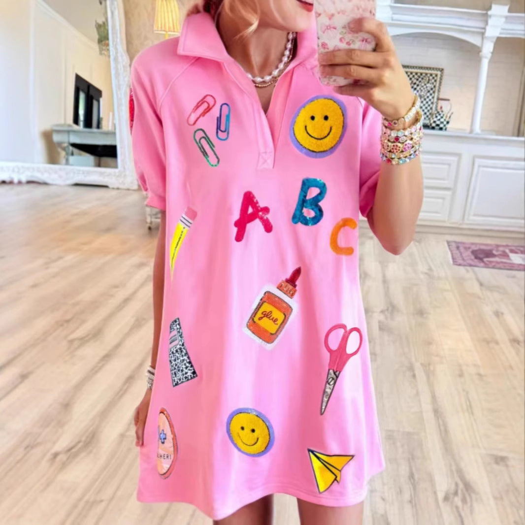 Cute Teacher Stationery Graphic Polo Collar Mini T‑Shirt Dress Women