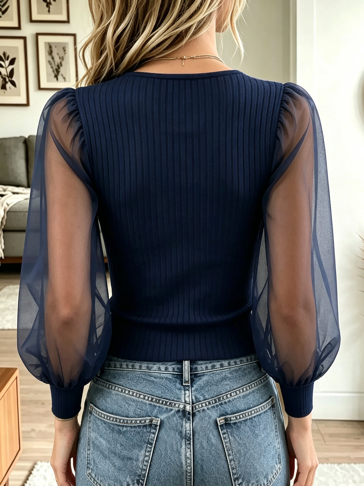 Women's 3D Floral Sheer Sleeve Ribbed Top