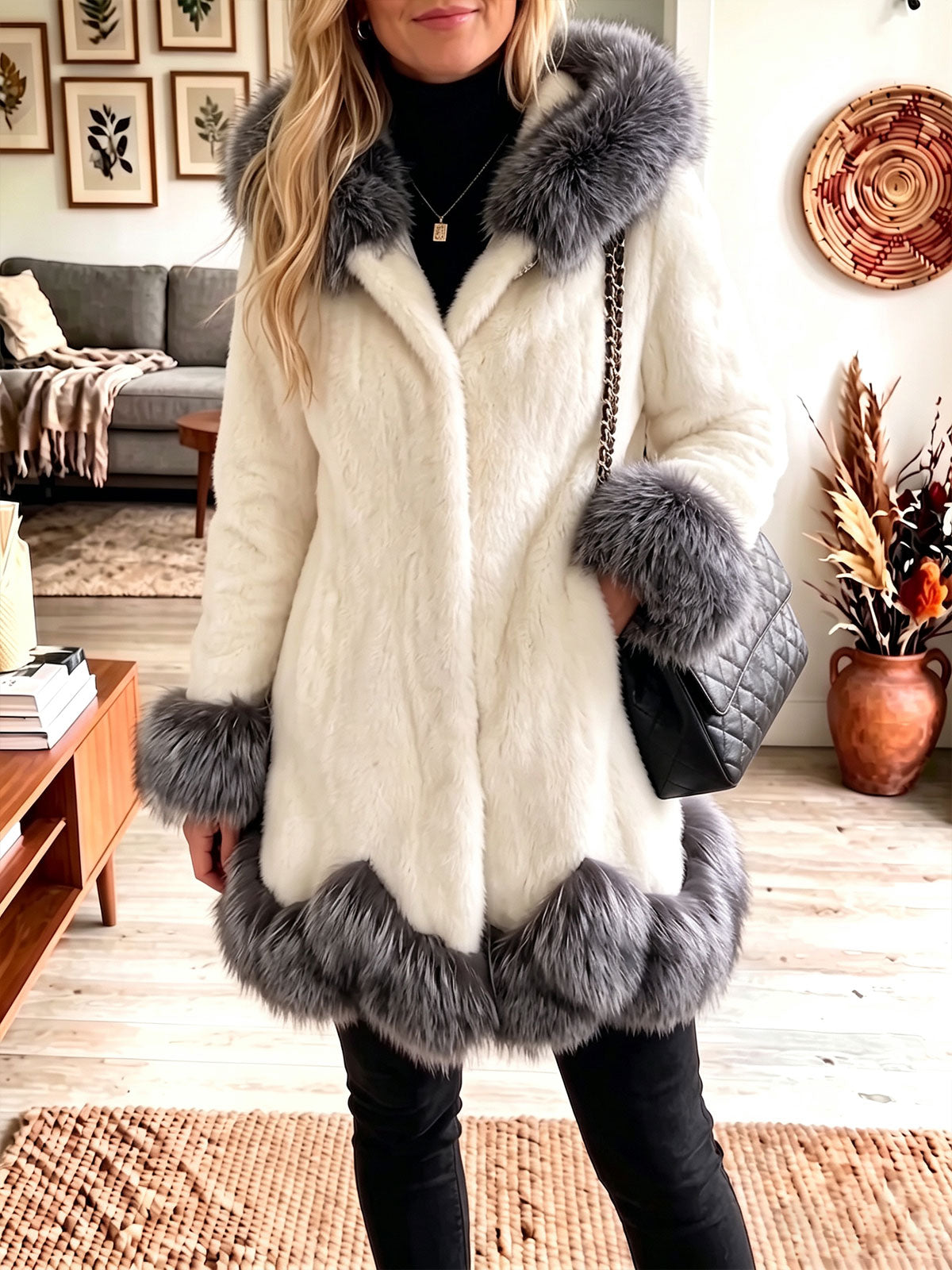 Hooded Faux Fur Contrast Trim Mid‑Length Coat Women Warm Winter Outerwear