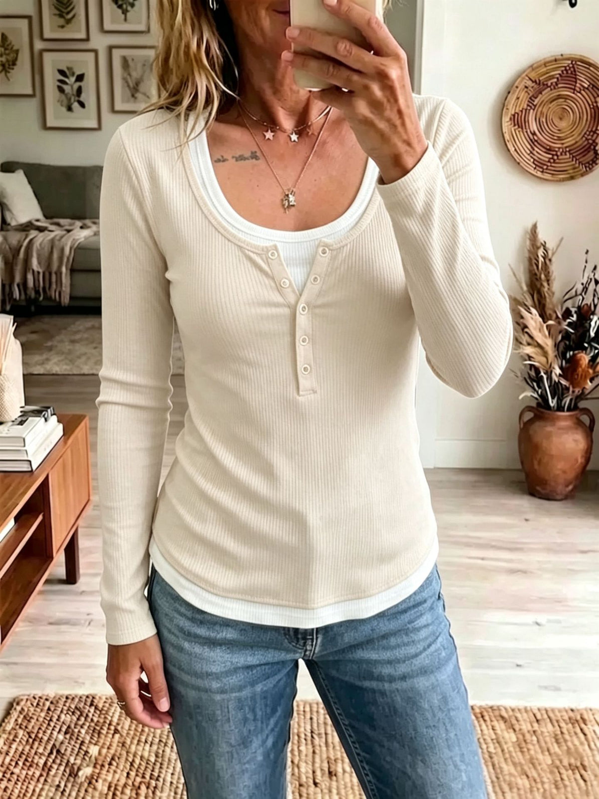 Mock Two‑Piece Ribbed Henley Top, Long Sleeve Scoop Neck Casual Tee