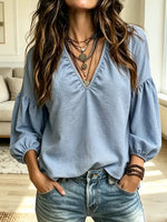 Retro Art V Collar Casual Stylish Long Sleeve Cotton Linen Shirt