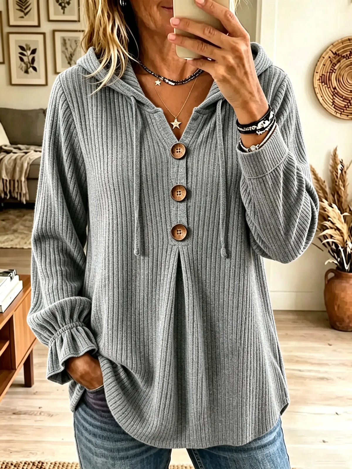Women's Button Henley Ribbed Knit Hoodie