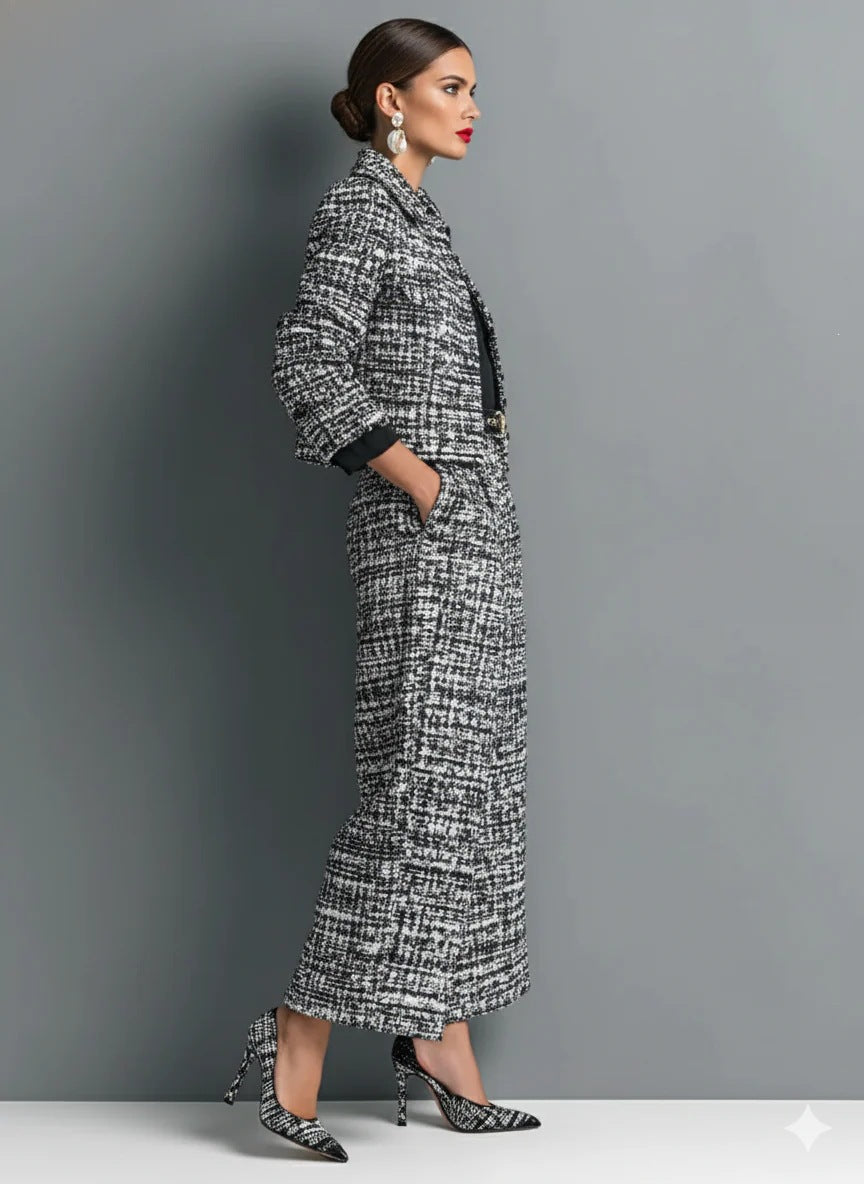 Women Tweed 2 Piece Outfit Collar Cropped Jacket & High Waist Wide Leg Pants Suit Set