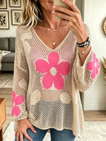 Women's Floral Knit V-Neck Sweater
