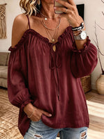 Women Tie Front Cold‑Shoulder Blouse Ruffle Long Puff Sleeve Casual Top