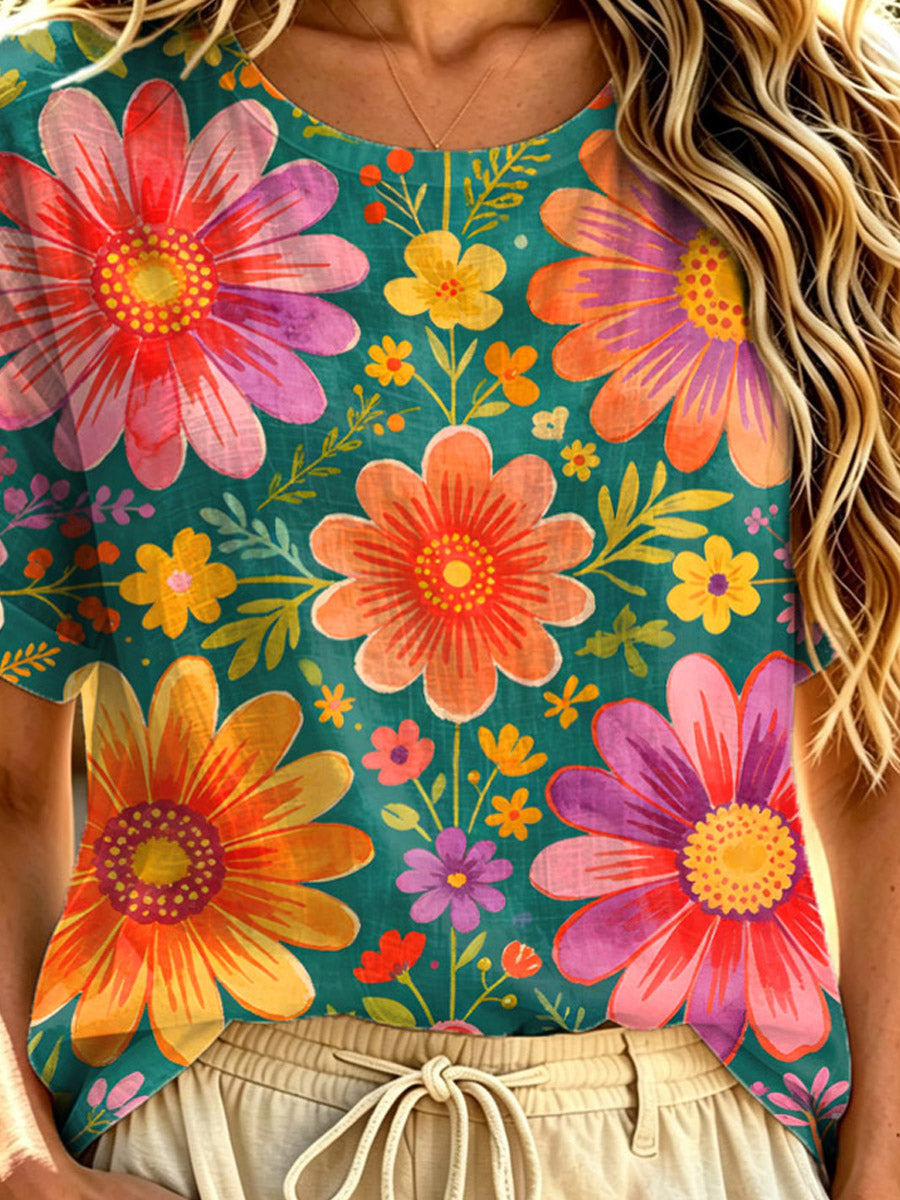 Women's Floral Pattern Art Print Casual Short Sleeve Cotton Linen T-shirt