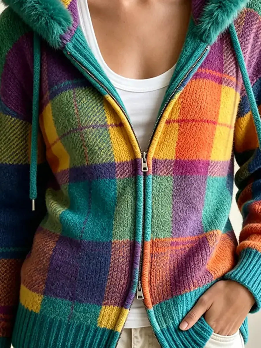 Retro Plaid Pattern Hooded Art Casual Stylish Long Sleeve Knit Sweater