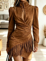 Vintage Chic Western Fringe Art Zip Casual Stylish Long Sleeve Dress