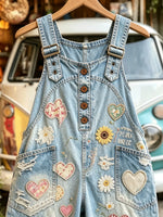 Women's Floral Heart Patchwork Print Light Blue Denim Overalls Long Pants