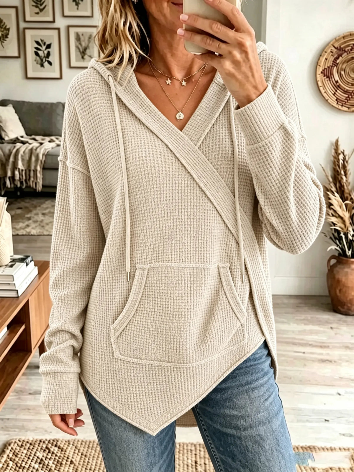 Women's Asymmetrical Cross Front Waffle Knit Hoodie