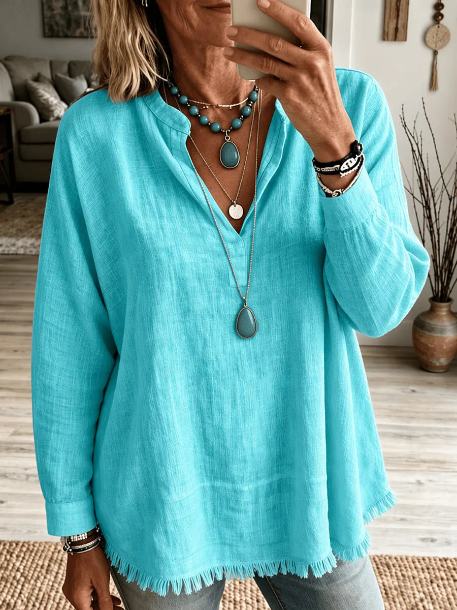 Retro Solid Color Art V Collar Casual Long Sleeve Cotton Linen Shirt
