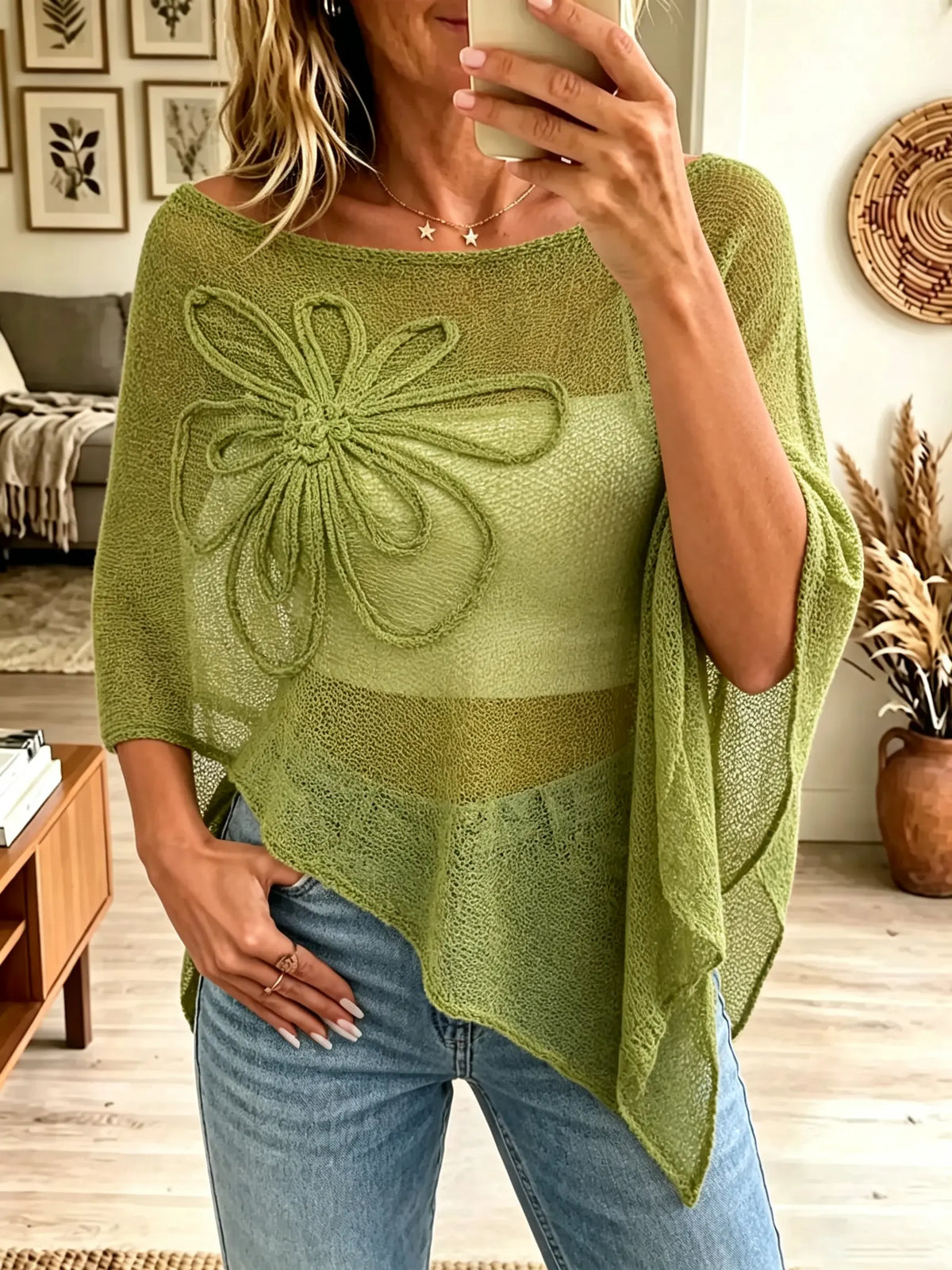 Women's Floral Applique Sheer Knit Poncho Top