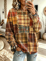 Retro Plaid Patchwork Pattern Art Print Casual Long Sleeve Sweatshirt