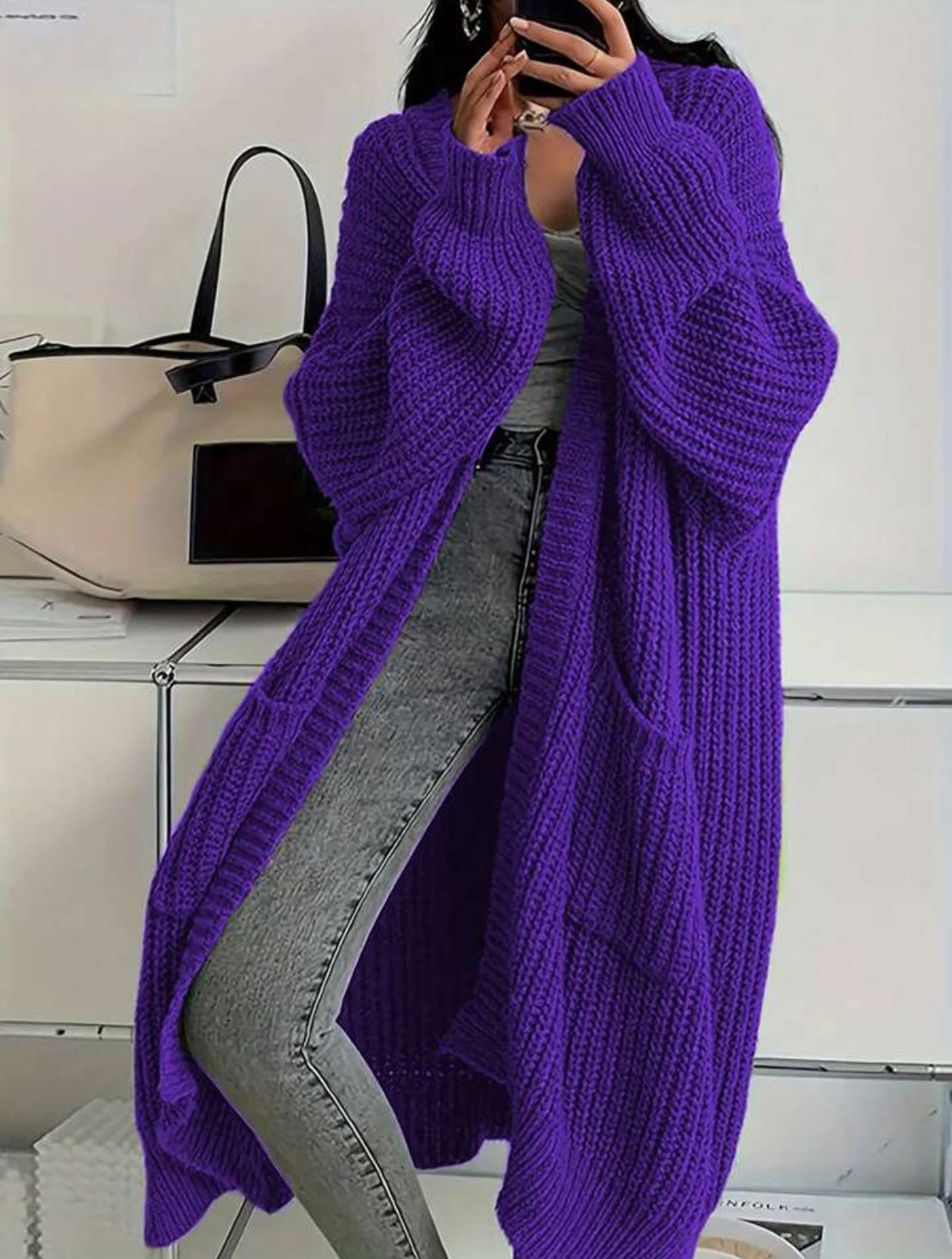 Oversized Long Open Front Knit Cardigan Women Chunky Sweater Coat With Pockets