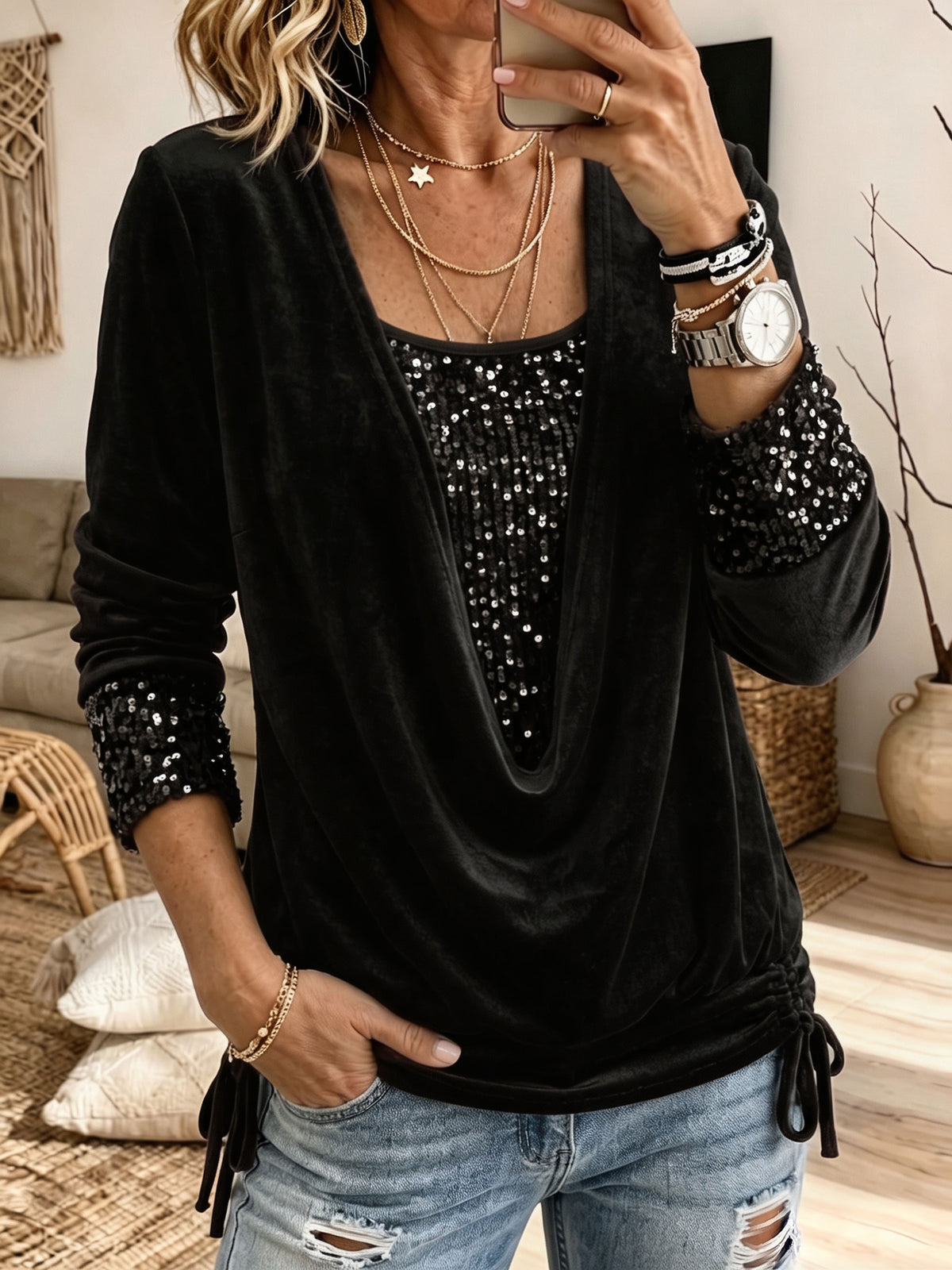 Velvet Cowl Neck 2‑in‑1 Blouse Sequin Long Sleeve Drawstring Party Top