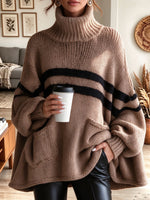 Women's Camel Turtleneck Oversized Knit Sweater with Black Stripes and Pockets