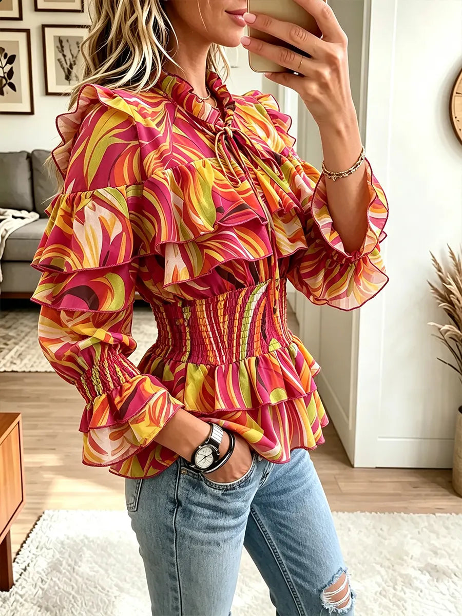 Women's Sweet And Fresh Floral Tie-front Ruched Blouse