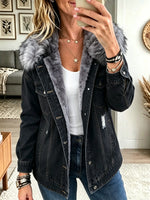 Women's Faux Fur Collar Fleece-Lined Denim Jacket
