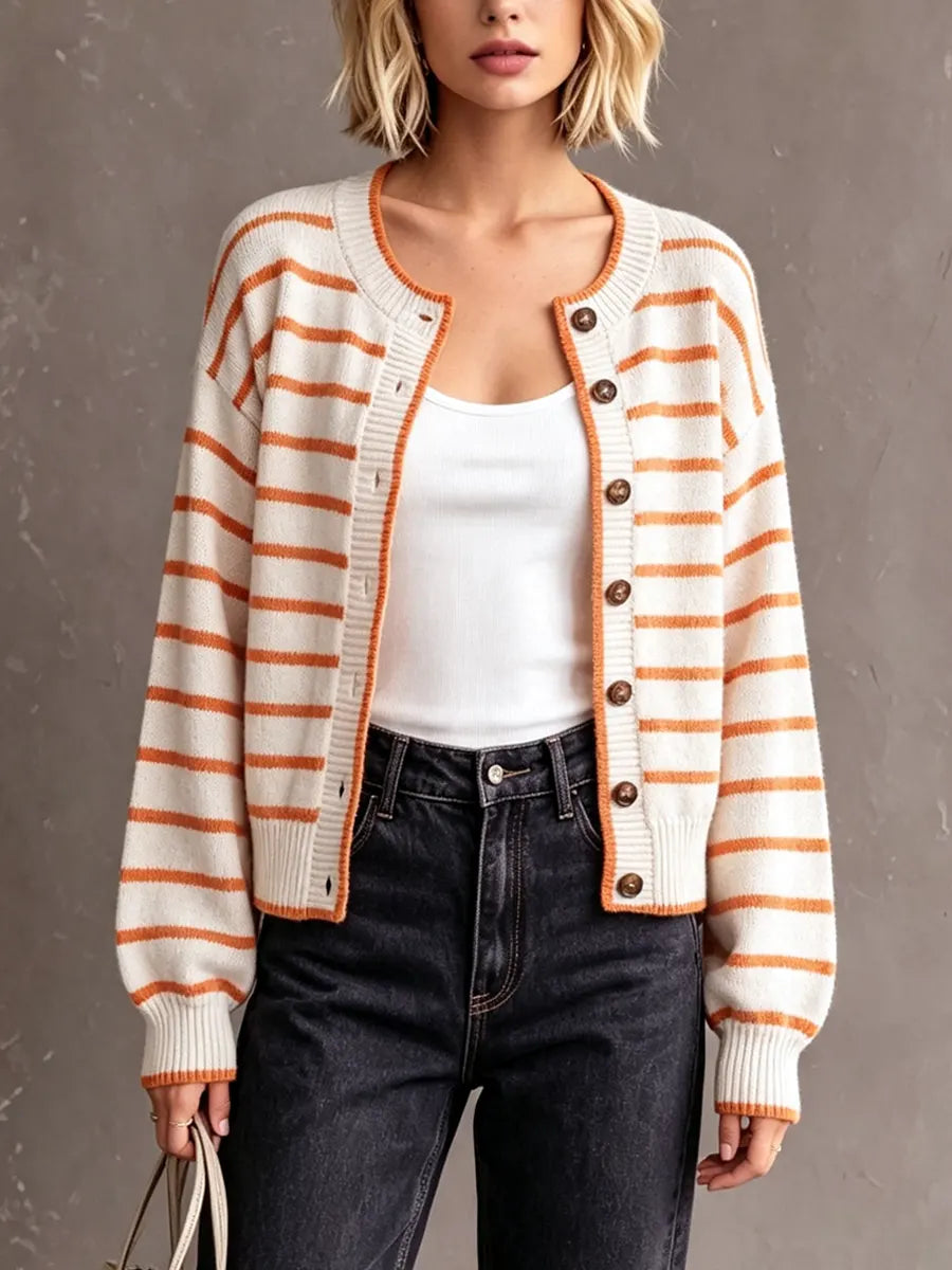 Retro Stripe Art Casual Stylish Long Sleeve Knitted Cardigan Sweater