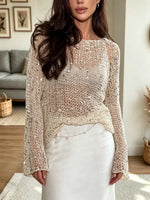 Retro Chic Sequins Knit Hollow Art Casual Stylish Long Sleeve Top