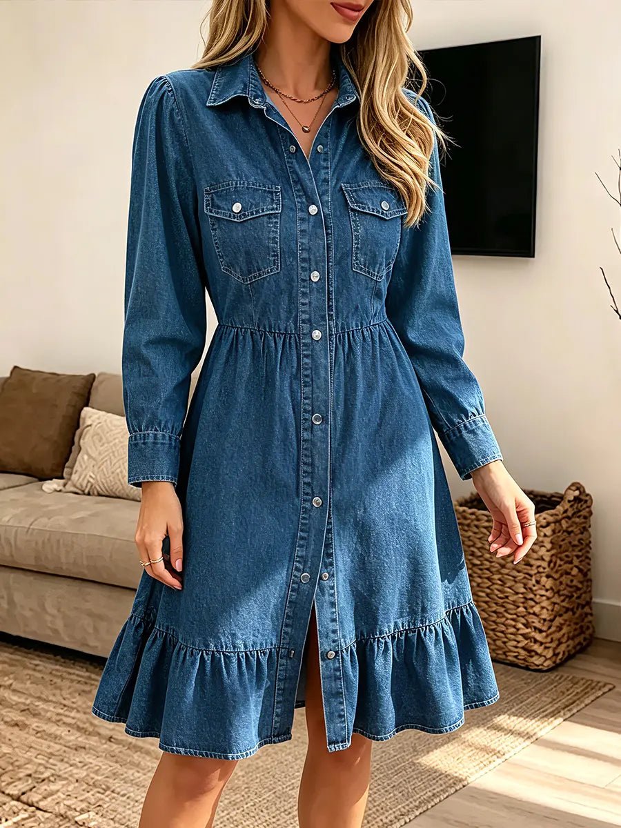 Women's Vintage Elegant Denim Long-sleeved Ruffled Button Dress