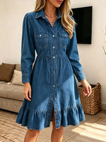 Women's Vintage Elegant Denim Long-sleeved Ruffled Button Dress