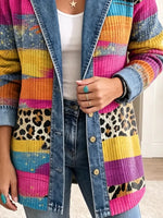 Retro Leopard Color Pattern Art Casual Denim Patchwork Stylish Long Sleeve Coat