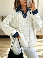 Retro Denim Patchwork Art Casual Stylish Long Sleeve Knit Sweater