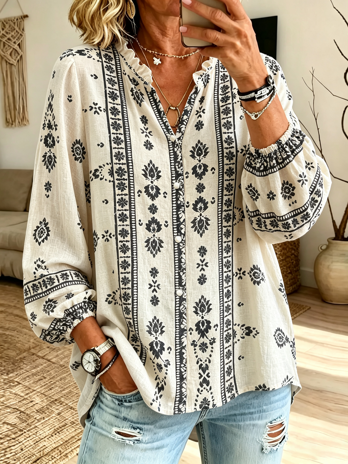 Women's Tribal Print Button-Down Blouse