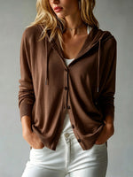Women's Solid Color Art Casual Hooded Long Sleeve Button Knit Cardigan