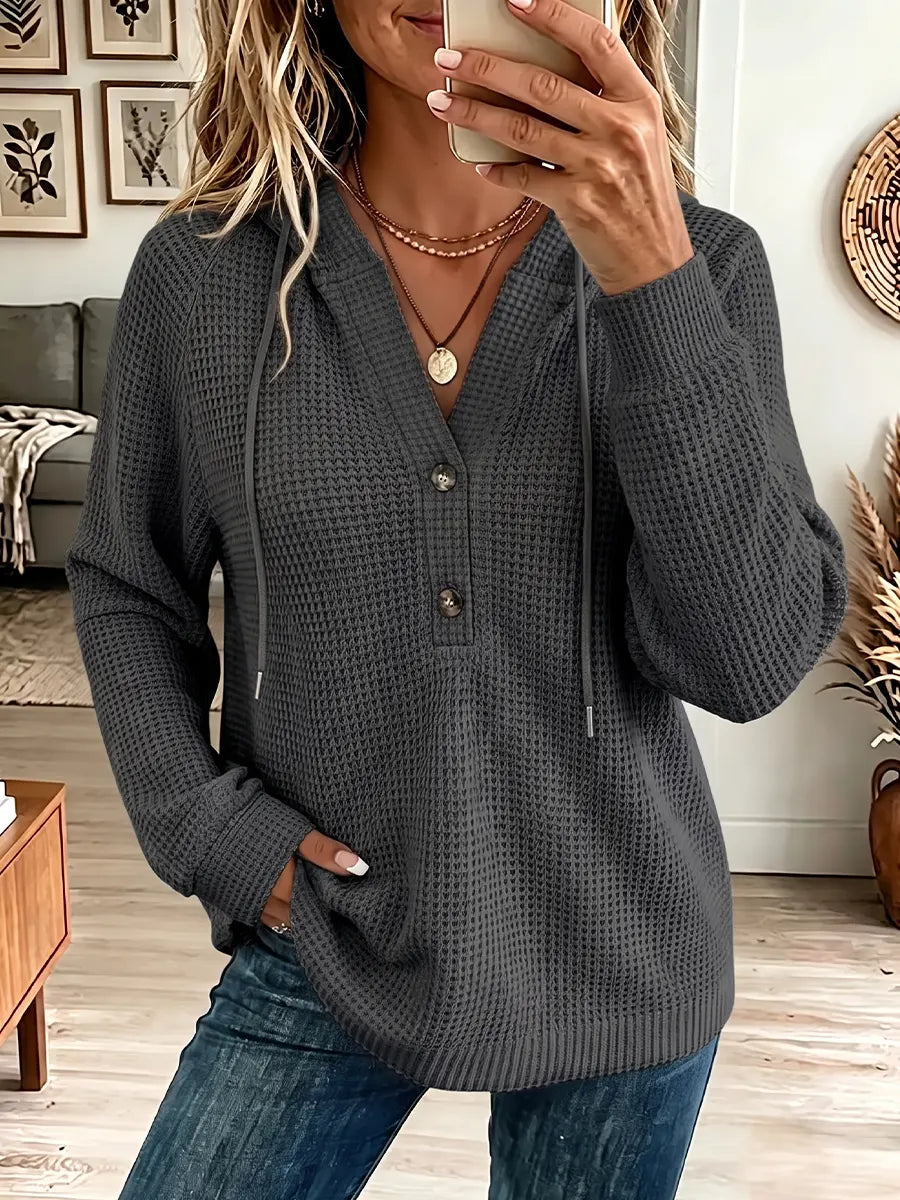 Vintage Elegant Waffle Button Hooded Shirt
