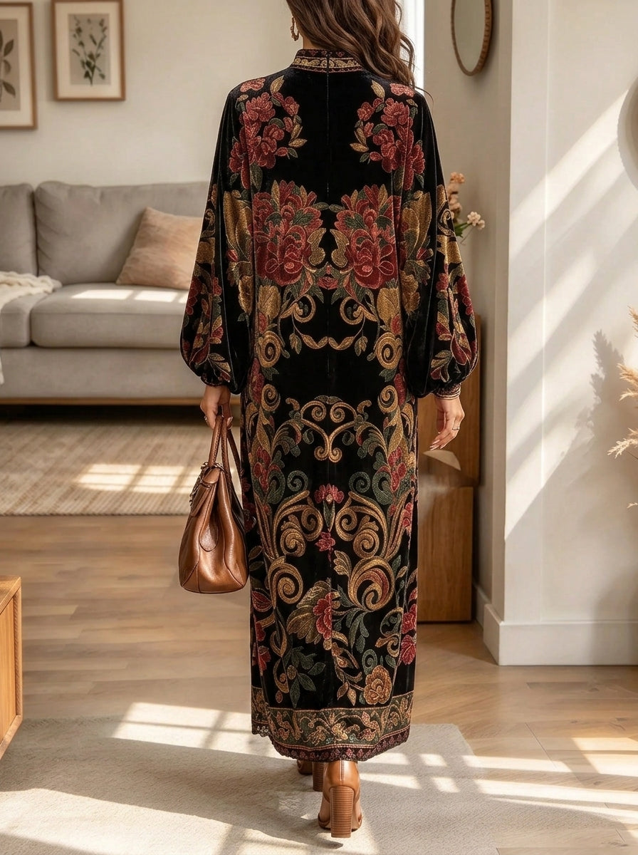 Women's Floral Print Mock Neck Velvet Maxi Dress