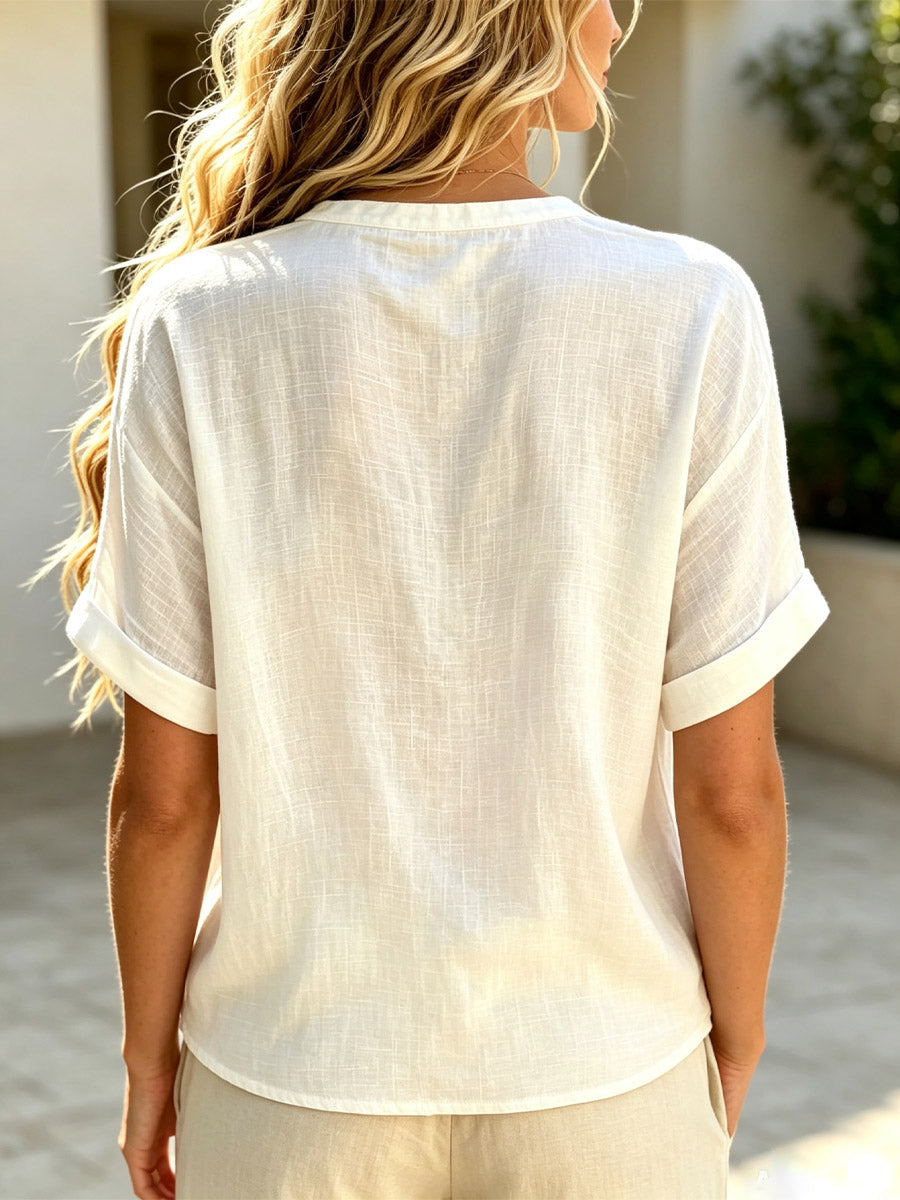 Women's Solid Color Short Sleeve Round Collar Cotton And Linen Shirt