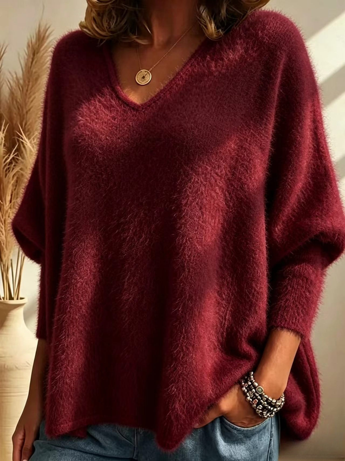 Oversized Fuzzy Mohair‑Style V‑Neck Sweater, Women Batwing Loose Soft Knit Pullover