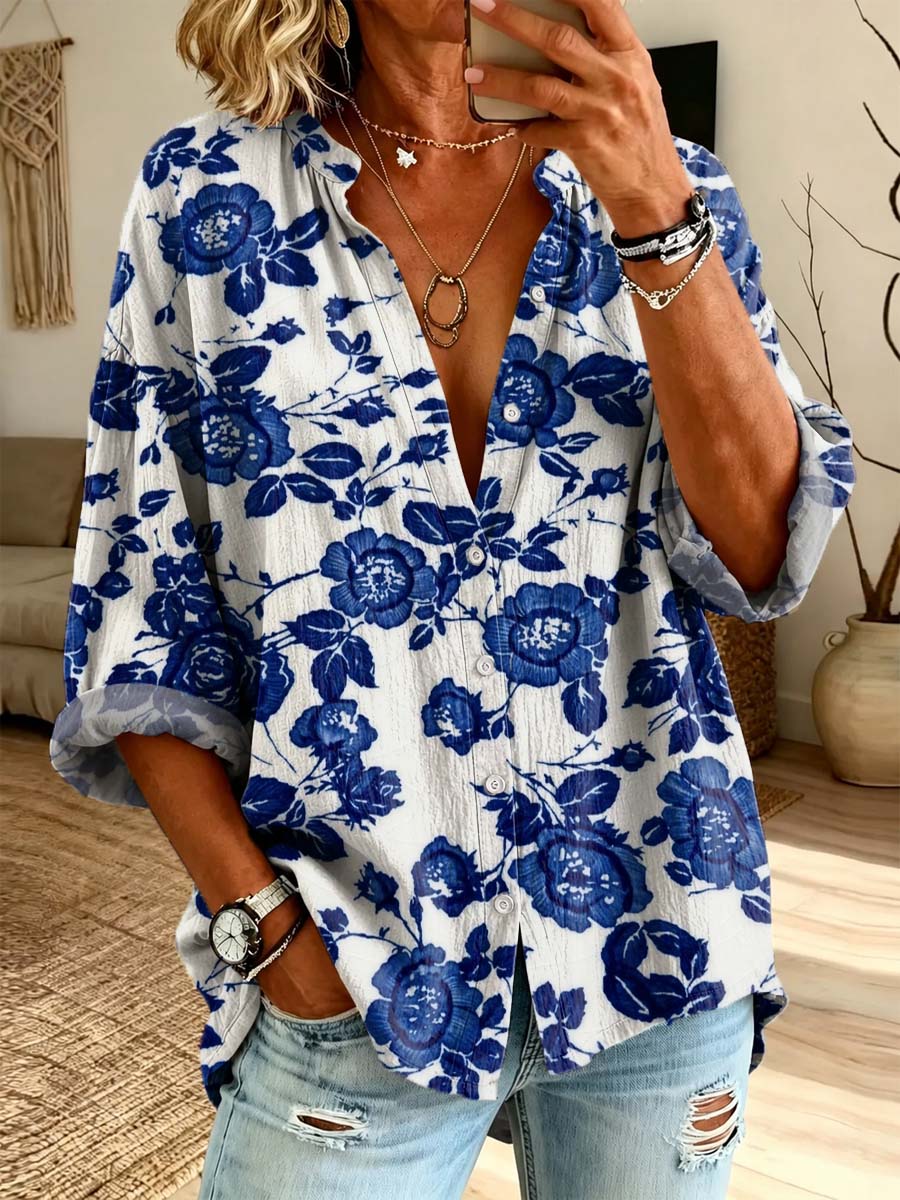 Retro Floral Pattern Art Print Casual Long Sleeve Cotton Linen Shirt