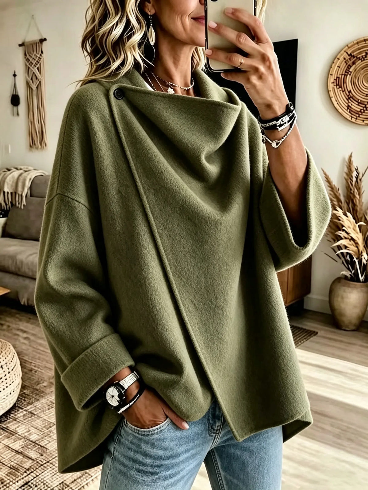 Women's Asymmetrical Button Wrap Collar Poncho Sweater