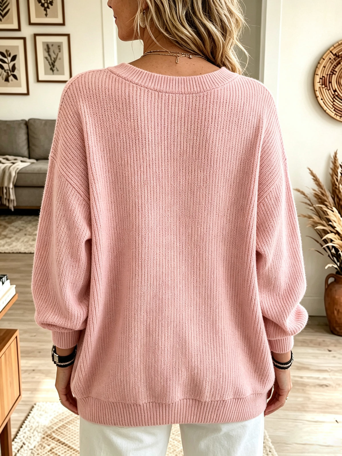 Women's Oversized V-Neck Ribbed Pullover Sweater