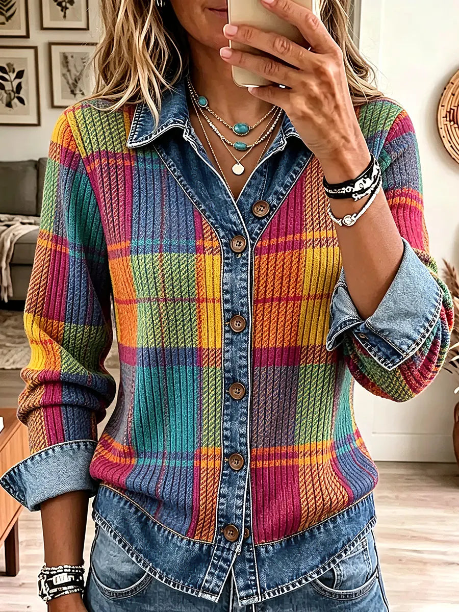 Vintage Elegant Denim Patchwork Knit Shirt