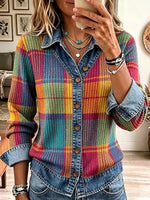 Vintage Elegant Denim Patchwork Knit Shirt