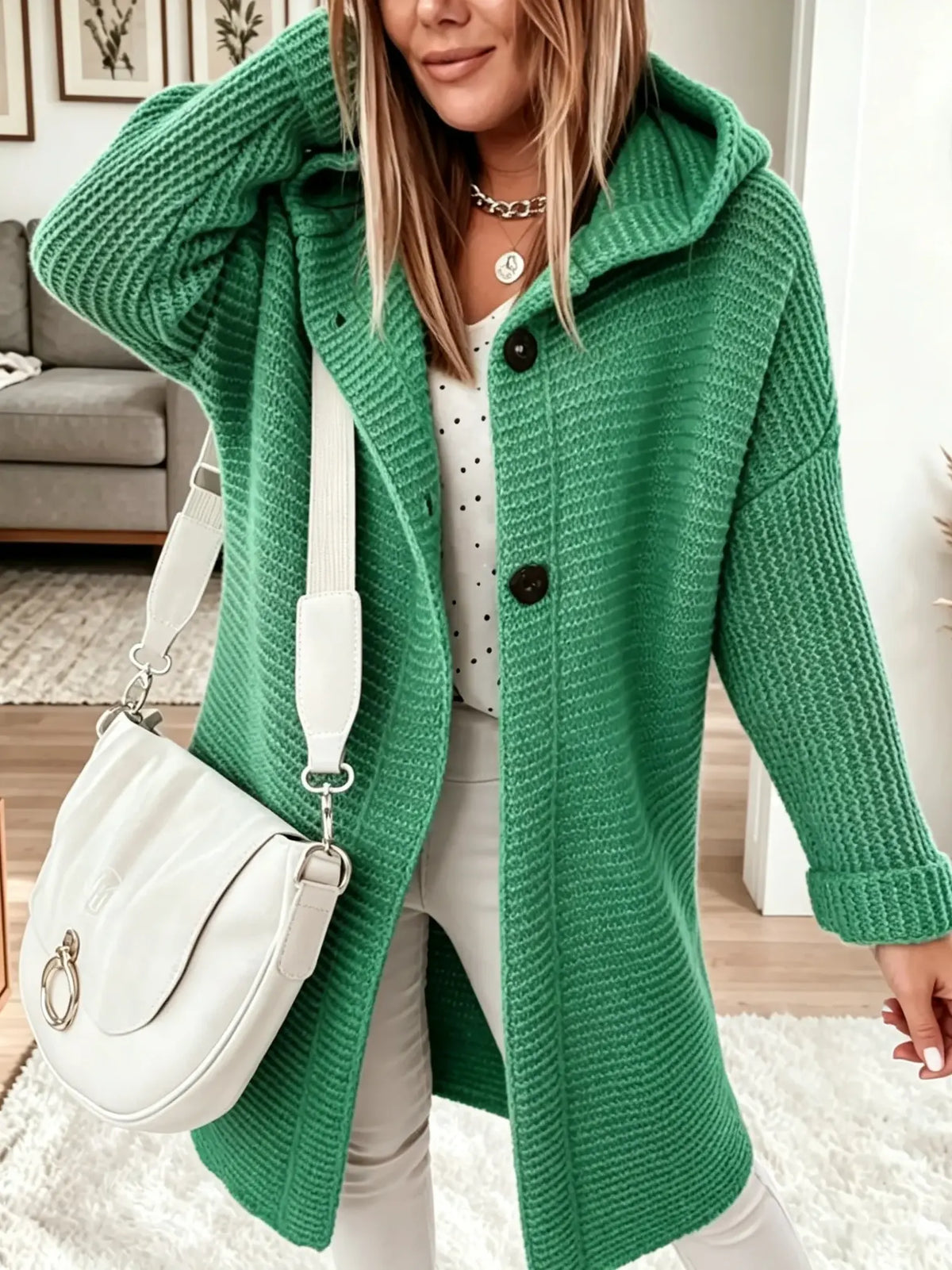 Women's Hooded Knit Button-Down Midi Cardigan