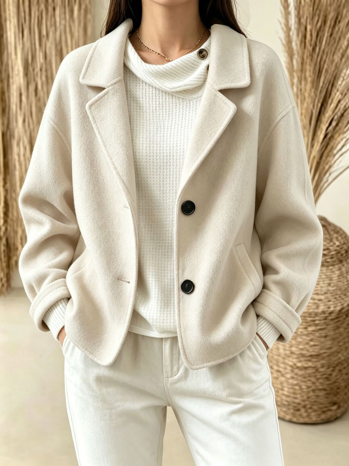 Women's Notched Lapel Single-Breasted Fleece Coat