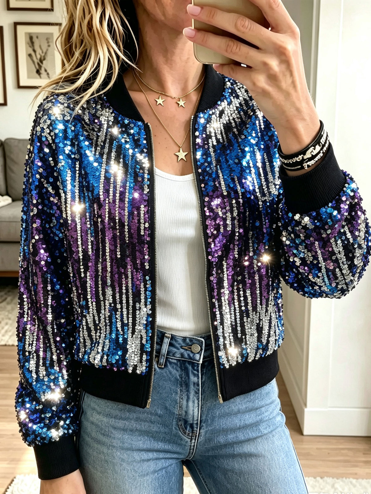 Women Multicolor Sequin Bomber Jacket Zip‑Up Long Sleeve Ribbed Collar Party Coat