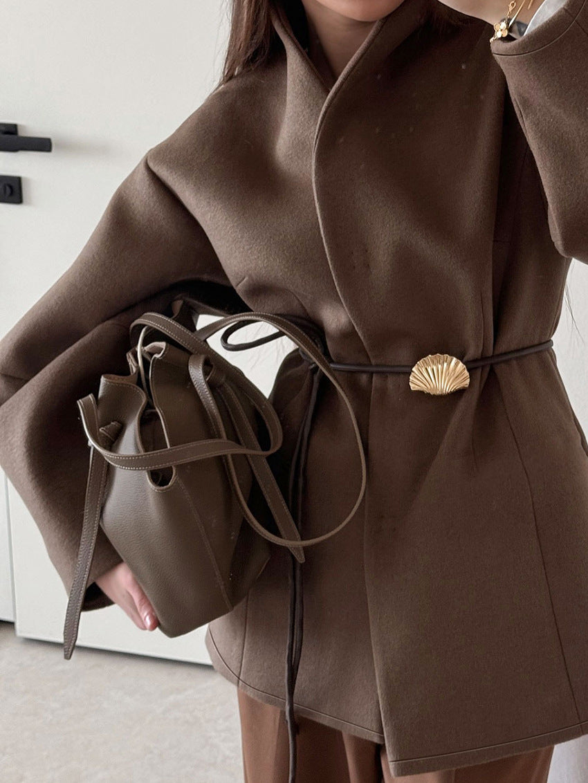 V‑Neck Belted Waist Short Wool Blend Coat Women Loose Long Sleeve Jacket