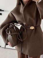 V‑Neck Belted Waist Short Wool Blend Coat Women Loose Long Sleeve Jacket