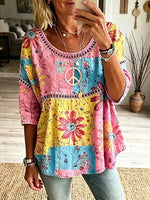 Women's Color Block Daisy Peace Logo Print Hollow Round Neck 3/4 Sleeve Babydoll Blouse