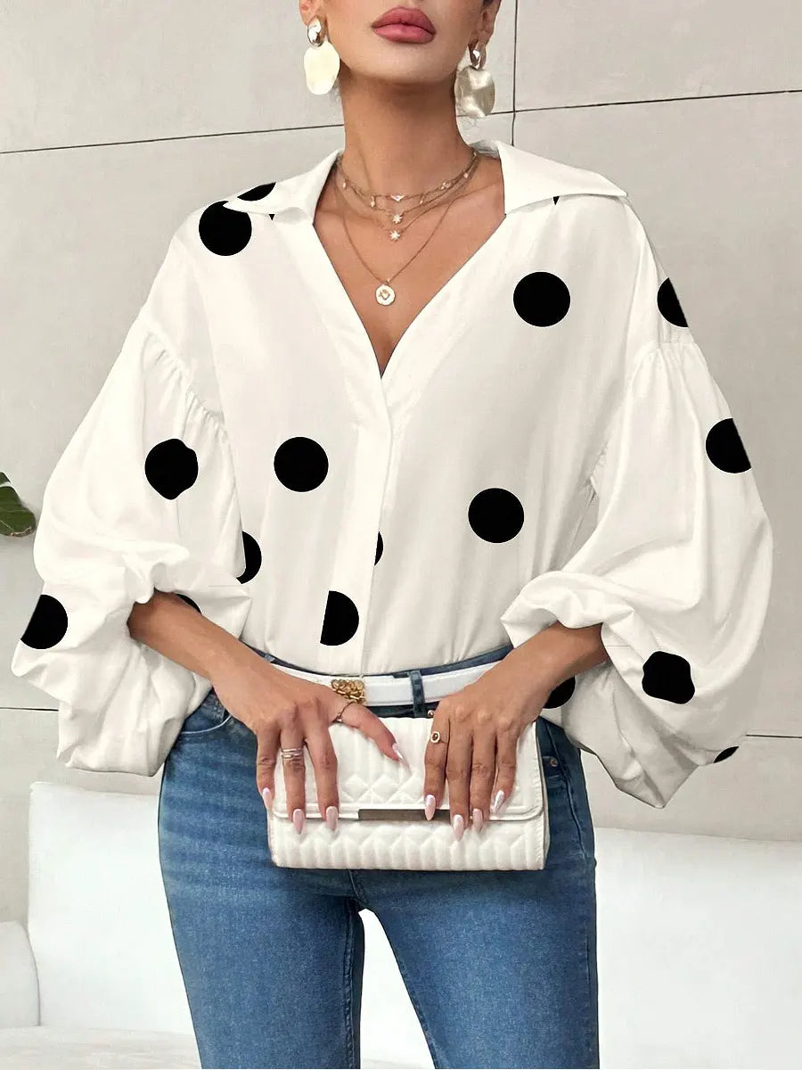 Retro Polka Dot Elegant Balloon Sleeves Art Casual Stylish Lapel Cotton Shirt