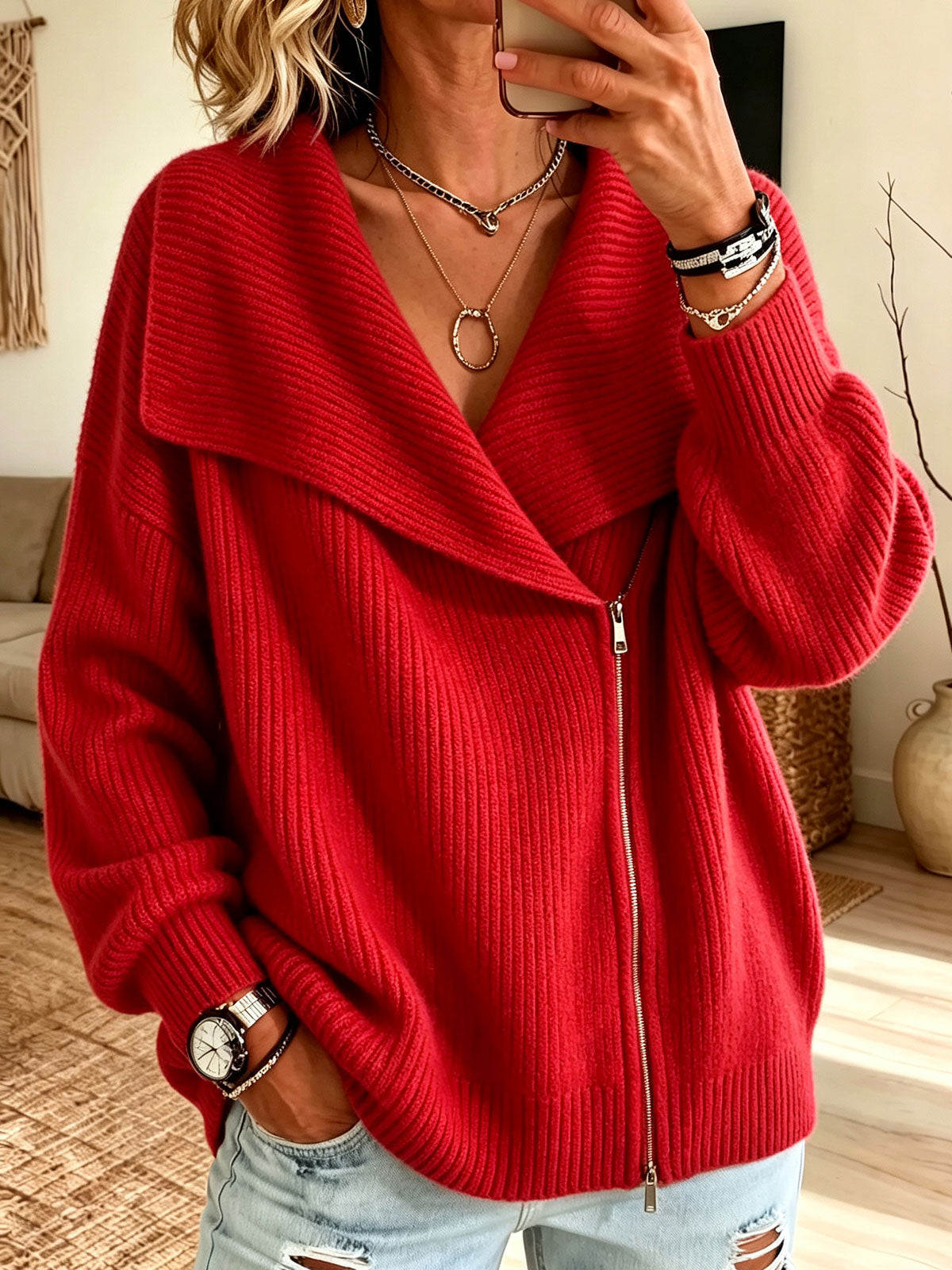 Women Oversized Long Sleeve Pullover Lapel Asymmetric Zip Knit Sweater,