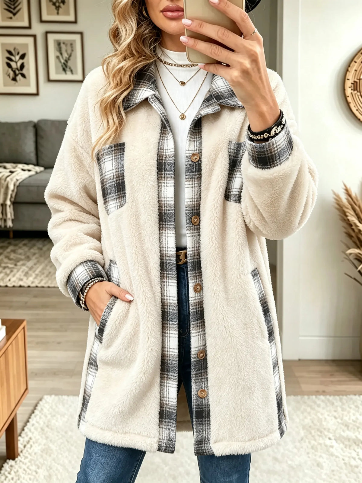 Women's Plaid Panel Sherpa Fleece Jacket
