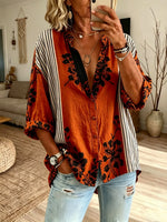 Women Vintage Floral Stripe Lapel Loose Blouse