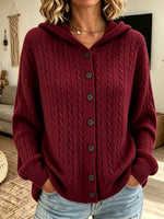 Women Cable Knit Hooded Cardigan Button Down Long Sleeve Sweater Coat With Pockets
